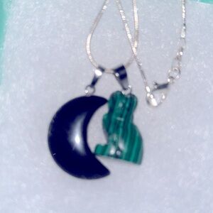 Gothic Faux Malachite Cat and Onyx Star Silver 16” Neck…